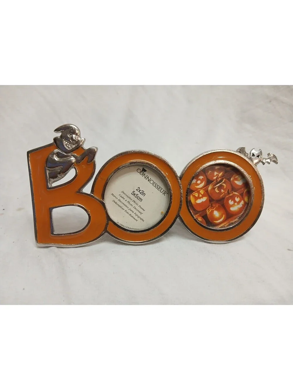 1999 CONNOISSEUR Halloween BOO Ghost Bat Gothic Metal Double Picture Photo Frame